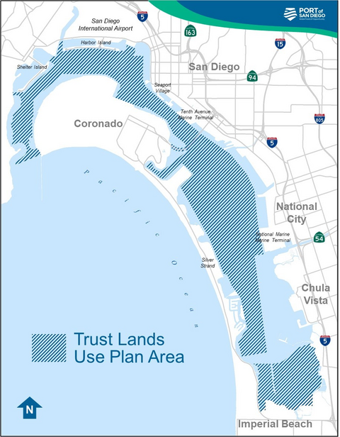 Map of San Diego Bay depicts water area to be covered under the Trust Lands Use Plan