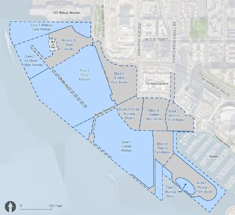 Map depicting planning areas in the Seaport San Diego redevelopment proposal.