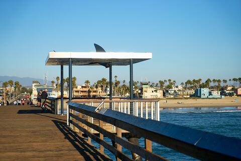 Photo of new IB Pier shade canopy with shark fin on top.