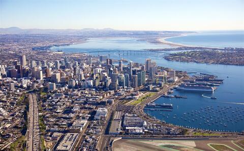Aerial view of the San Diego Bay and downtown skyline on a sunny day
