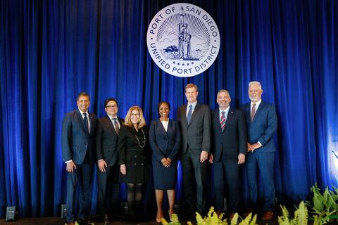 Image of the 2025 Board of Port Commissioners. Left to right: Commissioner Sid Voorakkara, Commissioner GilAnthony Ungab, Vice Chair Ann Moore, Chair Danielle Moore, Secretary Michael Zucchet, Commissioner Dan Malcolm, Commissioner Frank Urtasun
