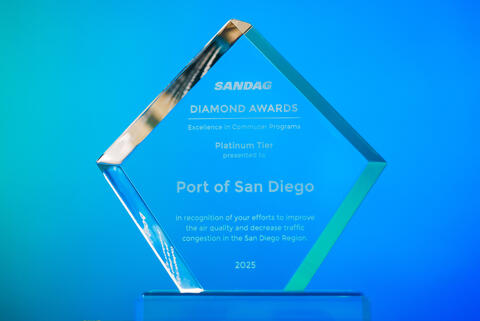 Diamond shaped glass award given to the Port of San Diego by SANDAG for their employee commuter program.