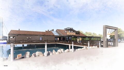 Conceptual rendering, courtesy of Gensler, of the exterior of The Rustic restaurant proposed for San Diego Rowing Club site on the Embarcadero.