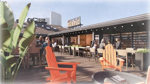 Conceptual rendering, courtesy of Gensler, of the patio at The Rustic restaurant proposed for the San Diego Rowing Club on the Embarcadero.