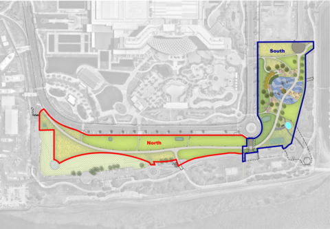 Conceptual rendering mapping out the north and south phases of new Harbor Park development on the Chula Vista Bayfront.
