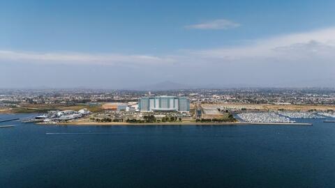 Aerial image of the Chula Vista Bayfront with the Gaylord Pacific, parks, and marina.