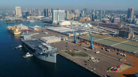 Aerial shot of Tenth Avenue Marine Terminal with a ship at berth