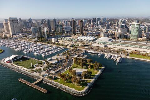 Embarcadero Marina Park South - aerial view of the park, nearby marinas, and the downtown San Diego skyline.