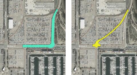 Image of two maps - one on the left depicts the existing Marina Way configuration, the one on the right depicts the new configuration after construction. 