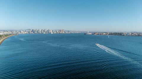 Aerial photo of San Diego Bay looking toward downtown San Diego.