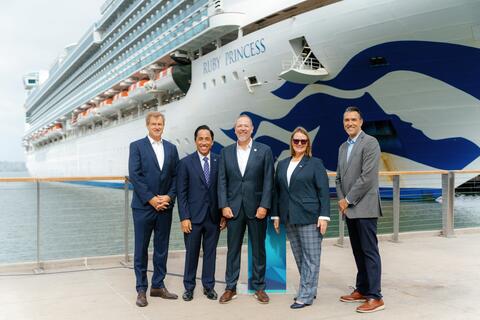 Vice Chair Michael Zucchet, Port of San Diego Board of Port Commissioners; Mayor Todd Gloria, City of San Diego; Marie Lee, Chief Marketing Officer, Princess Cruises; Scott Chadwick, Port of San Diego President & CEO; and Paul Garcia, Senior Director of Communications, San Diego Tourism Authority, standing in front of Ruby Princess.
