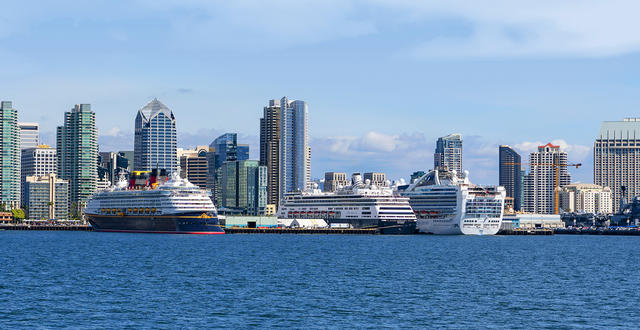 A view from the San Diego Bay towards downtown San Diego with a cruise ship in port