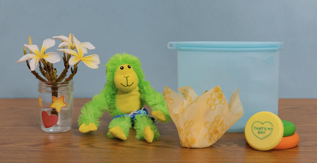 a little green monkey poses with reused items