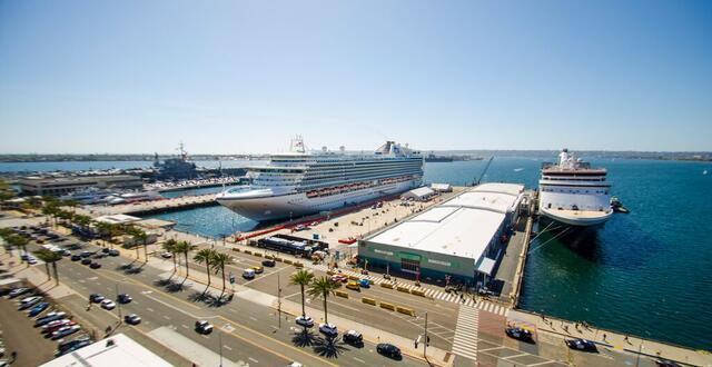 Photo depicts two cruise ships at the Port of San Diego's B Street Cruise Ship Terminal.
