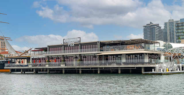 looking towards Portside pier - a building that sits on the water next to the Star of India