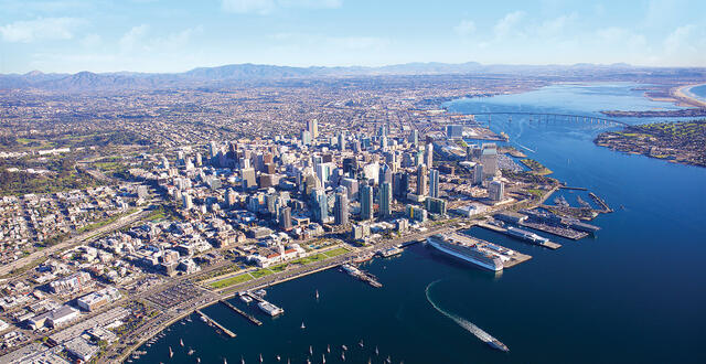 aerial view of Downtown San Diego from the bay. 