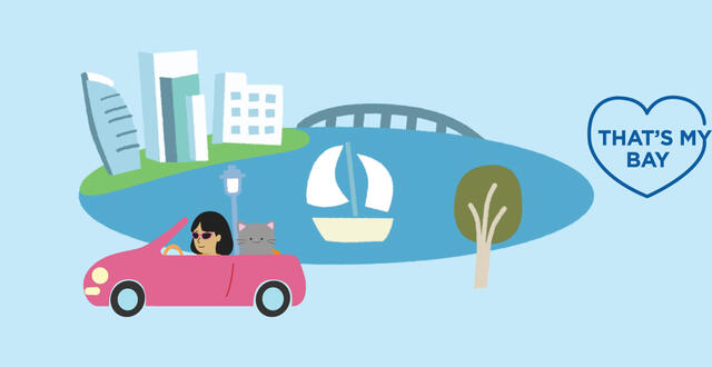 acartoon graphic of water, a pink car, a city skyline, and #ThatsMyBay logo