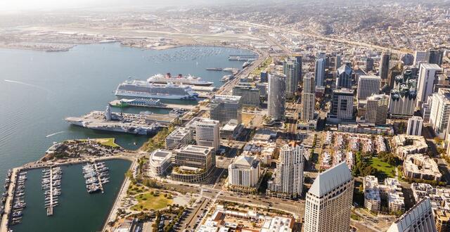 Aerial of San Diego Bay looking north with cruise ships docked