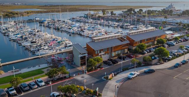 Aerial view of National City Bayfront looking southwest from Pier 32 Marina.