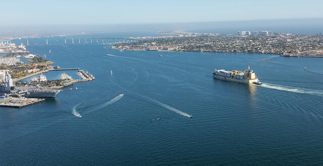 A ship sails in the bay
