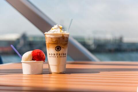 Portside Pier Gelato and Coffee on a table