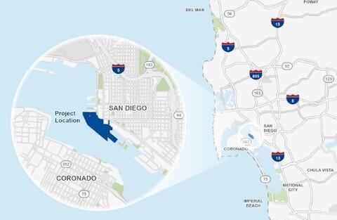 Map of western San Diego depicting area of the proposed Seaport San Diego redevelopment.