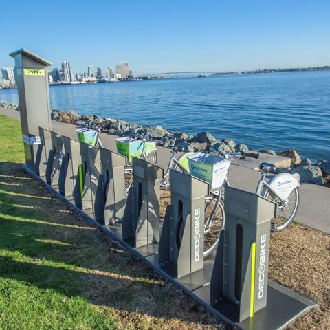 A line of bicycles for rent along the waterfront walkway at Harbor Island Park