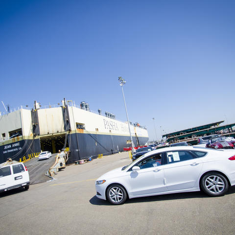 Vehicles load onto PASHA Hawaii's Jean Anne at the National City Marine Terminal.