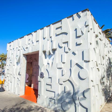 Restroom with fun, decorative exterior at Broadway Plaza at the Port of San Diego