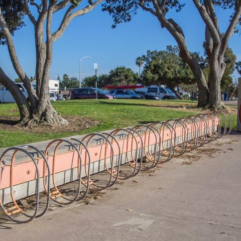Bike parking racks and hot coals disposal bin at Chula Vista Bayside Park at the Port of San Diego