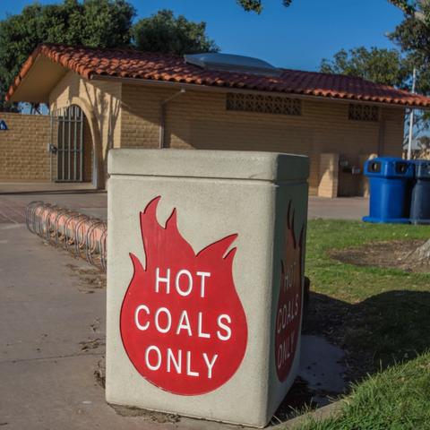 Hot coals disposal bin near the restroom at Chula Vista Bayside Park at the Port of San Diego