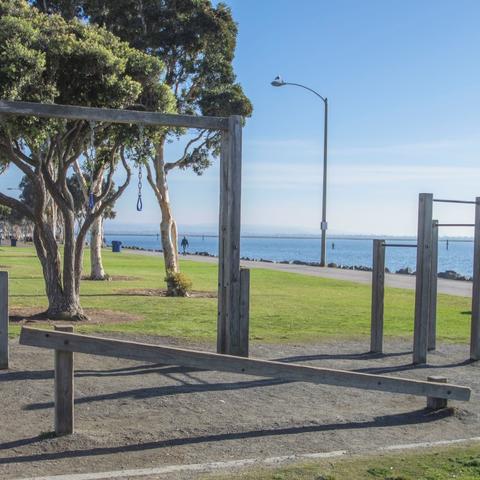 Exercise station near trees overlooking the bay at Chula Vista Bayside Park at the Port of San Diego