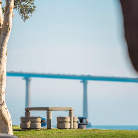 Picnic table with view of the San Diego-Coronado Bay Bridge at Embarcadero Marina Park South at the Port of San Diego