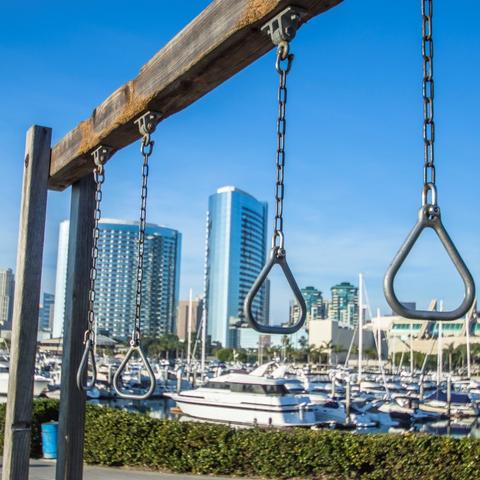 Gymnastic rings at exercise station at Embarcadero Marina Park South at the Port of San Diego