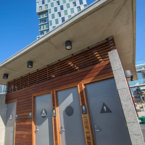 Restrooms with wooden exterior at Lane Field Park at the Port of San Diego