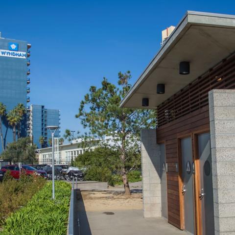 Restrooms with view of Wyndam hotel at Lane Field Park at the Port of San Diego