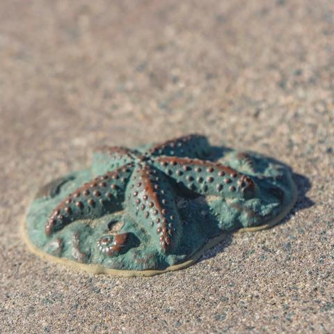 Mini green starfish sculpture at Portwood Pier Plaza at the Port of San Diego