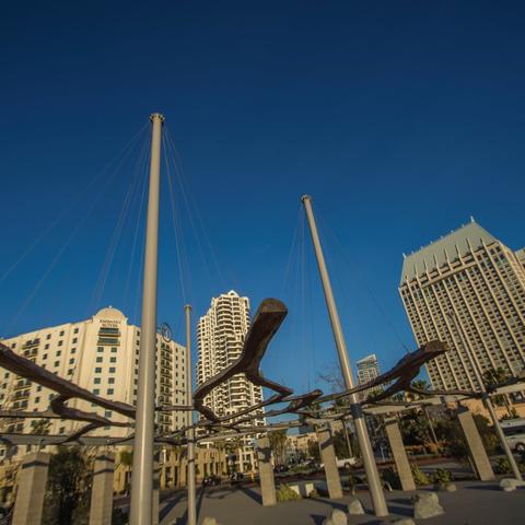 Riparium sculptural gateway of eucalyptus tree branches by Roman de Salvo at Ruocco Park at the Port of San Diego