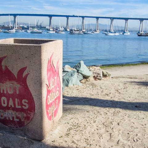 Hot coals disposal bin at Coronado Tidelands Park at the Port of San Diego