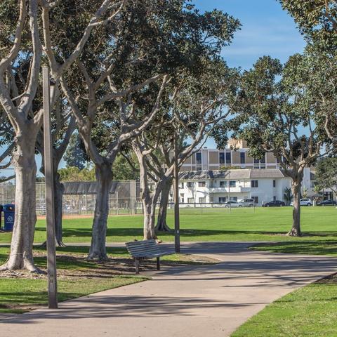 Trees, grass, and bench along path at Coronado Tidelands Park at the Port of San Diego