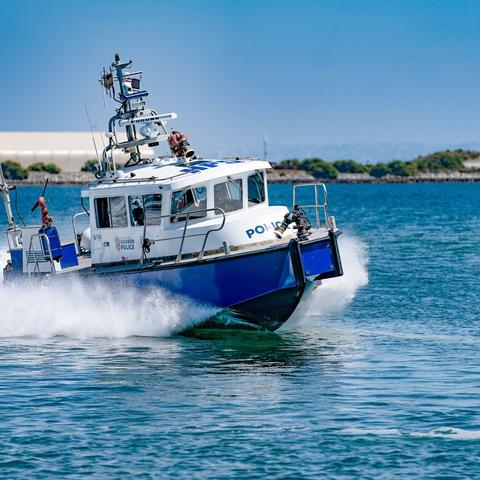 Port of San Diego Harbor Police Boat zipping across the water