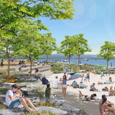 Conceptual rendering showing potential future of Harbor Park. View is of the  beach cove with a terraced headland.