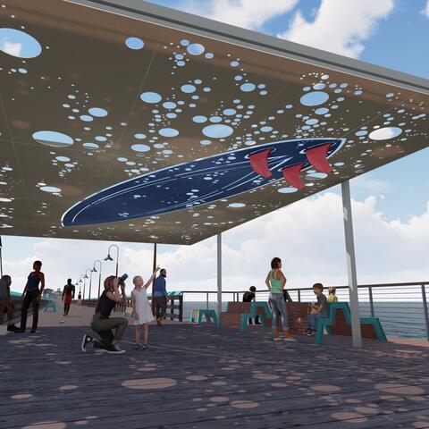 Rendering of a shade canopy structure proposed for the Imperial Beach Pier. It depicts a blue surfboard with red fins in water
