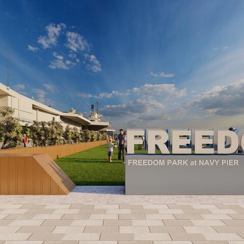 Conceptual rendering depicts area of Freedom Park planned for Navy Pier next to the USS Midway