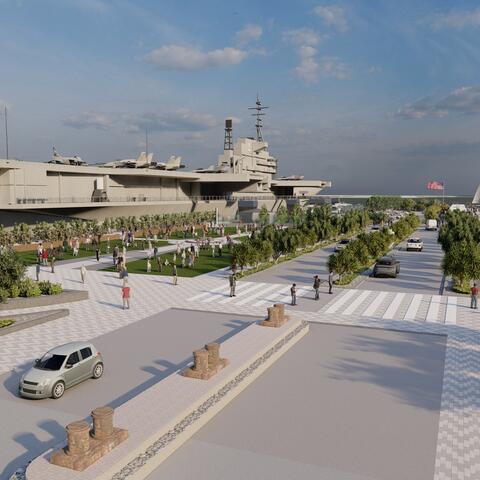 Conceptual rendering depicts area of Freedom Park planned for Navy Pier next to the USS Midway