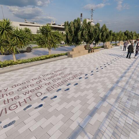 Conceptual rendering depicts area of Freedom Park planned for Navy Pier next to the USS Midway