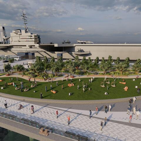 Conceptual rendering depicts area of Freedom Park planned for Navy Pier next to the USS Midway