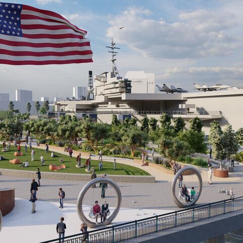 Conceptual rendering depicts area of Freedom Park planned for Navy Pier next to the USS Midway