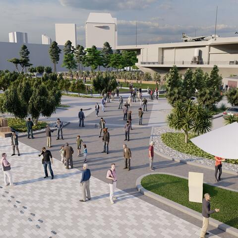 Conceptual rendering depicts area of Freedom Park planned for Navy Pier next to the USS Midway