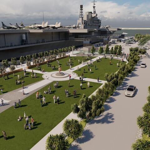 Conceptual rendering depicts area of Freedom Park planned for Navy Pier next to the USS Midway